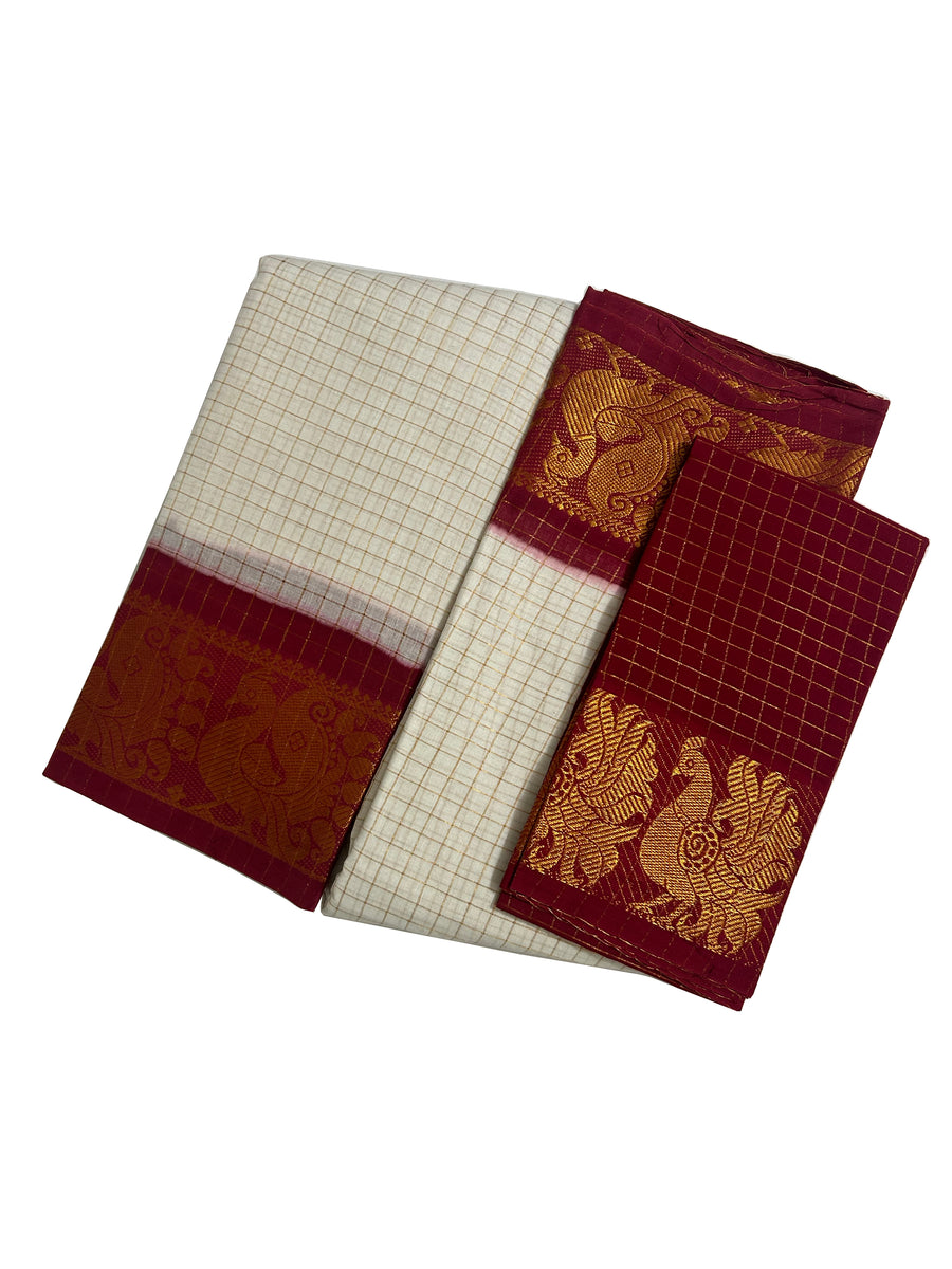 Violet Madurai Sungudi Cotton Saree with Zari Work and Brown Contrasting Borders