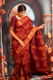 Madurai Sungudi Cotton Poonam with Wax (Batik) Print Kolam Design with   Zari Border & Blouse