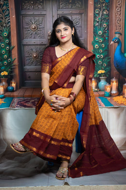 Madurai Sungudi Cotton  - Tamil Fonts Adayar Plain Medium Ruthratcham /  Peacock Zari Border without Blouse