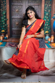 Madurai Sungudi Cotton  - Tamil Fonts Adayar Plain Medium Ruthratcham /  Peacock Zari Border without Blouse