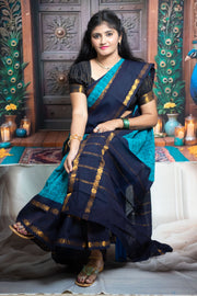 Madurai Sungudi Cotton  - Tamil Fonts Adayar Plain Medium Ruthratcham /  Peacock Zari Border without Blouse