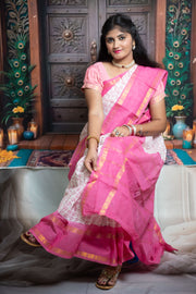 Madurai Sungudi Cotton  - Tamil Fonts Adayar Plain Medium Ruthratcham /  Peacock Zari Border without Blouse