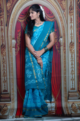 Madurai Sungudi Cotton Adayar Pet with Wax (Batik) Print with  Zari Contrast Border & Blouse