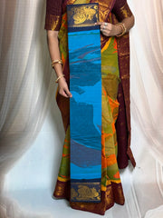 Rainbow Marble Design Printed  Madurai Sungudi Cotton Saree with Medium Zari Border - with blouse