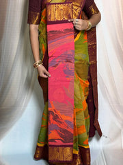 Rainbow Marble Design Printed  Madurai Sungudi Cotton Saree with Medium Zari Border - with blouse