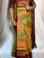 Rainbow Marble Design Printed  Madurai Sungudi Cotton Saree with Medium Zari Border - with blouse