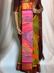 Rainbow Marble Design Printed  Madurai Sungudi Cotton Saree with Medium Zari Border - with blouse