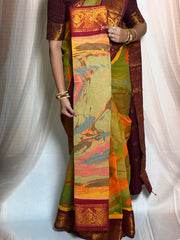 Rainbow Marble Design Printed  Madurai Sungudi Cotton Saree with Medium Zari Border - with blouse