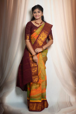 Rainbow Marble Design Printed  Madurai Sungudi Cotton Saree with Medium Zari Border - with blouse