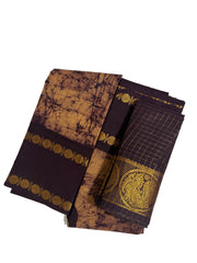 Madurai Sungudi Cotton Adayar Pet with Wax (Batik) Print with  Zari Contrast Border & Blouse