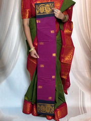 Madurai Sungudi Cotton Saree featuring a Poonam body Butta, complemented by a matching Constrast-colored Seperate blouse and a Constrast zari border