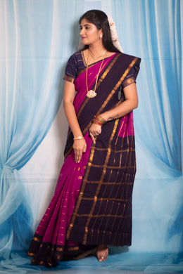Madurai Sungudi Cotton Zari Putta and Velthari Ruthratcham Contrast Color with Zari Border (Half & Half) with Blouse