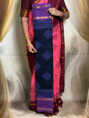 Madurai Sungudi Cotton Kolam Design Saree for Women | Adyar Plain Body | Rudraksham / Peacock Zari Border | Soft Traditional Saree with Blouse