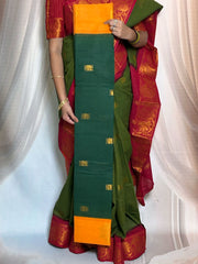 Madurai Sungudi Cotton Saree featuring a Poonam body Butta, complemented by a matching Constrast-colored Seperate blouse and a Constrast zari border