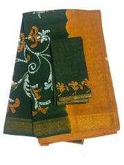Madurai Sungudi Cotton Traditional Hand Art Wax Print Saree With Blouse & DS Zari Border