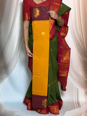 Madurai Sungudi Cotton Saree featuring a Poonam body Butta, complemented by a matching Constrast-colored Seperate blouse and a Constrast zari border