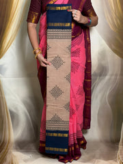 Madurai Sungudi Cotton Kolam Design Saree for Women | Adyar Plain Body | Rudraksham / Peacock Zari Border | Soft Traditional Saree with Blouse