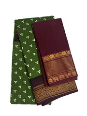 Madurai Sungudi Cotton Traditional Three Dot design Wax Print Saree With Blouse & Zari Border Contrast Border Color