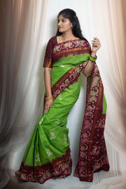 Madurai Sungudi Cotton Traditional Ppper Pet Design Wax Print Saree  With Blouse & Zari Border Contrast Border Color