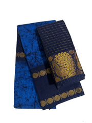Madurai Sungudi Cotton Adayar Pet with Wax (Batik) Print with  Zari Contrast Border & Blouse
