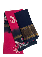 Madurai Sungudi Cotton Traditional Ppper Pet Design Wax Print Saree  With Blouse & Zari Border Contrast Border Color