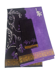 Madurai Sungudi Cotton Traditional Hand Art Wax Print Saree With Blouse & DS Zari Border