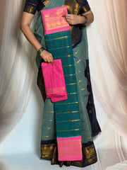 Madurai Sungudi Cotton Saree - Zari Check Velthari Design Medium Gold Zari Border(Design May Different) Contrast Color With Separate Blouse