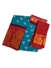 Madurai Sungudi Cotton Saree - Mayuri Wax Print with Zari Border with Blouse