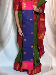 Madurai Sungudi Cotton Saree featuring a Poonam body Butta, complemented by a matching Constrast-colored Seperate blouse and a Constrast zari border