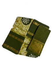 Madurai Sungudi Cotton Adayar Pet with Wax (Batik) Print with  Zari Contrast Border & Blouse