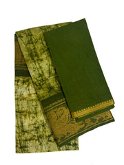 Madurai Sungudi Cotton Poonam with Wax (Batik) Print with  Zari Border & Blouse