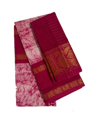 Madurai Sungudi Cotton Adayar Pet with Wax (Batik) Print with  Zari Contrast Border & Blouse