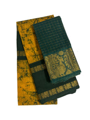 Madurai Sungudi Cotton Adayar Pet with Wax (Batik) Print with  Zari Contrast Border & Blouse