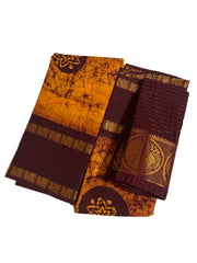Madurai Sungudi Cotton Adayar Pet with Wax (Batik) Print with  Zari Contrast Border & Blouse