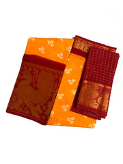 Madurai Sungudi Cotton Saree - Mayuri Wax Print with Zari Border with Blouse