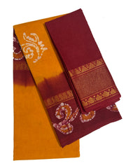 Madurai Sungudi Cotton Traditional Ppper Pet Design Wax Print Saree  With Blouse & Zari Border Contrast Border Color
