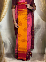 Madurai Sungudi Cotton Kolam Design Saree for Women | Adyar Plain Body | Rudraksham / Peacock Zari Border | Soft Traditional Saree with Blouse