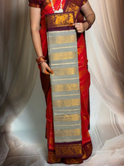 Madurai Sungudi Cotton Saree - Tissue Velthari Design Medium Silver Zari Border Contrast Color With Running Blouse