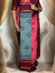 Madurai Sungudi Cotton Kolam Design Saree for Women | Adyar Plain Body | Rudraksham / Peacock Zari Border | Soft Traditional Saree with Blouse