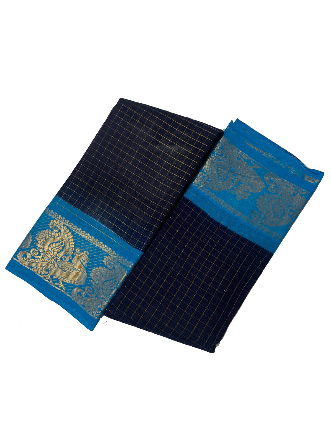 Navy Sungudi Cotton Saree with Gold-Checked Weave & Peacock Zari Border
